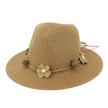 Señoras sombrero de sol de la flor de paja sombrero de sol de verano bloque de sombrero protector solar de estilo de vacaciones de sol al aire libre sombrero de paja playa ancha sombrero de ala HA11