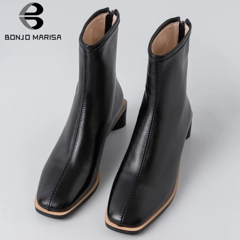BONJOMARISA Nueva 31-43 de la Marca de la Plataforma Botines de Señoras de Negro de pies Cuadrados de Tobillo Botas Mujer 2020 de la Moda OL Med Tacones de Zapatos de Mujer