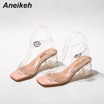 Aneikeh de Verano Mujer, Zapatos Sandalias Básicas de PVC Concisa Superficial Cuadrado tacón Hebilla de la Correa de la Correa Ocasional de pies Cuadrados de tamaño 35 - 40
