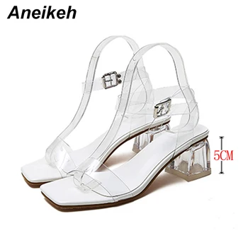 Aneikeh de Verano Mujer, Zapatos Sandalias Básicas de PVC Concisa Superficial Cuadrado tacón Hebilla de la Correa de la Correa Ocasional de pies Cuadrados de tamaño 35 - 40