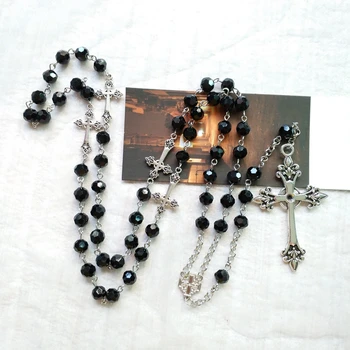 QIGO Negro Rosario de Cristal Collar Largo collar y Colgantes Para las Mujeres de los Hombres Religiosos de la Joyería