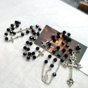 QIGO Negro Rosario de Cristal Collar Largo collar y Colgantes Para las Mujeres de los Hombres Religiosos de la Joyería
