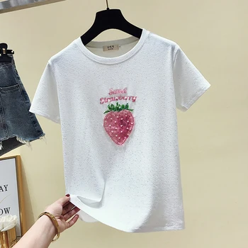 GGRIGHT camiseta de Verano de las Mujeres de Abalorios Letra de la Rosa de la Camiseta Femme Vintage camiseta de Mujer de Manga Corta de Algodón Blanco Camiseta Tops