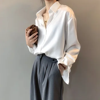 2020 nuevas casual chic suelta camisa de popelina femenino temperamen blusa de seda de la camisa de las mujeres elegantes coreano de color sólido oversize superior