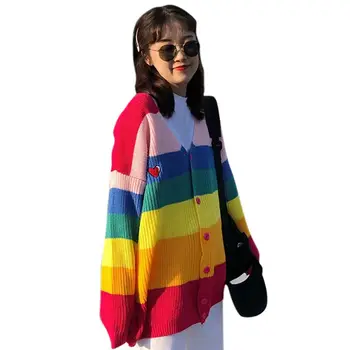 Las Mujeres Arco Iris Colorido A Rayas Suéter De La Capa De Pecho Solo Suéter Outwear Dulce De La Moda Chaqueta De 2019