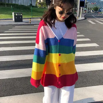 Las Mujeres Arco Iris Colorido A Rayas Suéter De La Capa De Pecho Solo Suéter Outwear Dulce De La Moda Chaqueta De 2019