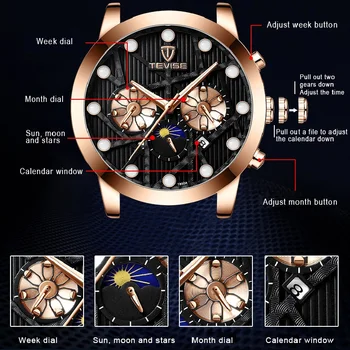 Hombre Reloj Automático Movimiento TEVISE T850 Reloj Mecánico Fase de la Luna Fecha de Semana del Mes Impermeable de Negocios Reloj Correa de Cuero