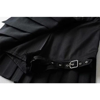 La mitad de longitud de la Falda de Verano de las Mujeres atractivas ahuecan el Vendaje de Punk Rock de Cintura Alta Desgastado Agujero Negro de la Señora Falda plisada