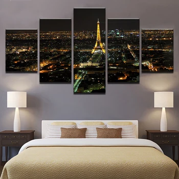 Decoración de la Casa de la Lona de Arte Moderno HD de 5 panel de la Torre Eiffel de parís edificio de la escena de la noche Modular Carteles de Tableau las Imágenes de la Pared Pinturas