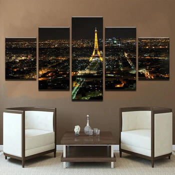Decoración de la Casa de la Lona de Arte Moderno HD de 5 panel de la Torre Eiffel de parís edificio de la escena de la noche Modular Carteles de Tableau las Imágenes de la Pared Pinturas