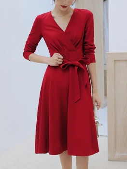 Hepburn Vintage 2019 de la Nueva Llegada las Hojas de Una línea de Vestido de abrigo de Alta Cintura de Manga Larga de color Sólido Negro Rojo de las Señoras de los Vestidos de Fiesta