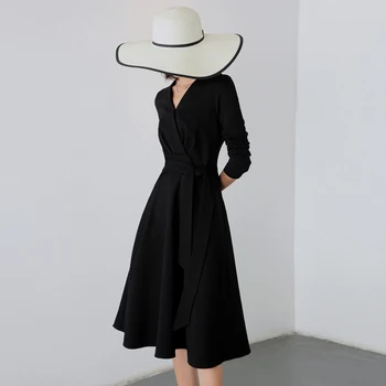 Hepburn Vintage 2019 de la Nueva Llegada las Hojas de Una línea de Vestido de abrigo de Alta Cintura de Manga Larga de color Sólido Negro Rojo de las Señoras de los Vestidos de Fiesta