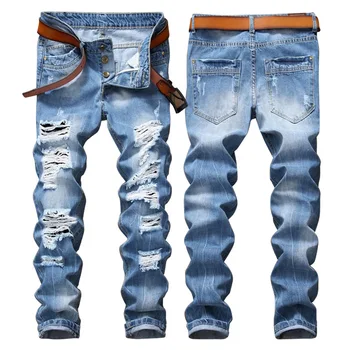 Slim-fit jeans Pantalones de los Hombres Pantalones de Nostalgia Roto la Marca Arrancó de Moda los pantalones Vaqueros Rectos de los Hombres de Hip Hop Mendigos Macho Agujero de Luz Azul