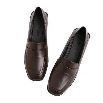 LIHUAMAO Marrón centavo mocasines para mujer deslizarse sobre las mulas del dedo del pie cuadrado casual pisos zapatos zapatos de trabajo de caminar al aire libre calzado