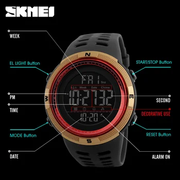 La parte superior de la Marca SKMEI del Deporte del Reloj de los Hombres Impermeables de Cronógrafo, cuenta atrás Digital de los Relojes de los Hombres de la Moda Militar reloj de Pulsera Reloj despertador