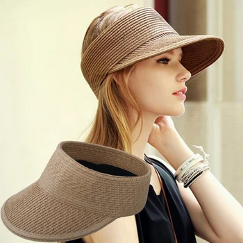 Nuevo Sencillo de Verano de Paja Sombrero de Sol de las Mujeres Backable Visera para el Sol Sombrero con Grandes Cabezas de Ala Ancha Protección UV hembra tapa