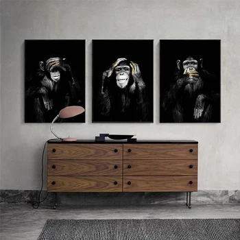 AAHH Gran Tamaño Póster de Pintura en tela, Animal, Arte de la Pared Oscura 3 Gracioso Mono de Cartel y de Impresión para la Sala de estar Decoración para el Hogar