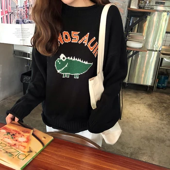 Harajuku Fashion De Gran Tamaño De Punto De La Mujer Suéter Lindo Del Dinosaurio Jersey Suéter De Manga Larga Suelta Suéter De Abrigo
