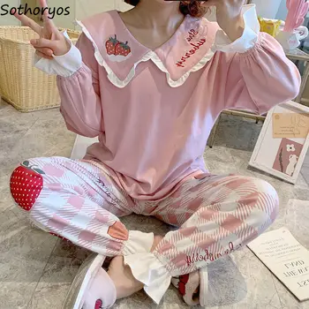 Pijama Establece las Mujeres Recorte Impreso Volantes Arco de longitud Completa de la Princesa Linda ropa de dormir de Señora estilo coreano Suave, agradable a la Piel de Dormir