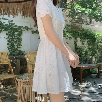 Elegante Cuello En V Una Línea De Corto Coreano Vestido Vintage Blanco Botón Hueco De Algodón Vestidos De Verano Harajuku Girasol Ropa Femenina