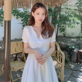 Elegante Cuello En V Una Línea De Corto Coreano Vestido Vintage Blanco Botón Hueco De Algodón Vestidos De Verano Harajuku Girasol Ropa Femenina