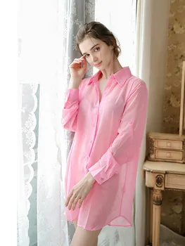 Plus Tamaño 5XL Blusa Camisa Rosa Sexy Pura de las Mujeres Suelta Larga Tops de Gasa Blusas Estilo de Novio Dormir Señora Ropa de Verano