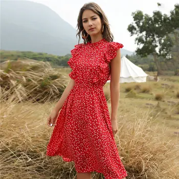 Verano Vestido de Gasa de las Mujeres de la Mariposa de Manga Elegante de Impresión de Ropa Casual 2020 Rojo Una línea de Midi vestidos de verano de las Mujeres de la Moda de Vestidos