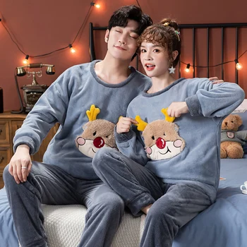 Par de pijamas para los amantes de la coreana Otoño Invierno Mujeres Espesar Polar de Coral Pijamas Conjunto de los Hombres de dibujos animados de la Casa Más el Tamaño de Pijama Mujer