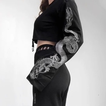 Darlingaga Streetwear Dragón Impresión de Otoño Sudaderas de Manga Larga Jersey Negro de la parte Superior del Cultivo Sudadera con capucha de la Mujer de Moda Sudadera 2020