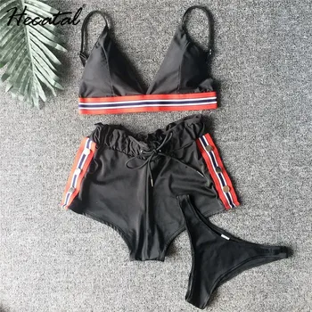 Hecatal Bikini 2021 Traje de Tres piezas de trajes de baño de las Mujeres de los Deportes de Playa de Estilo Biquini Vintage de Color Sólido de División de la Hebilla Hembra Tankini