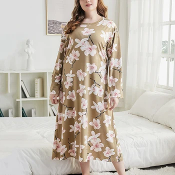 Más el Tamaño de ropa de cama para las Mujeres Impreso Floral Largo de ropa de dormir Completo de la Manga de Cuello Redondo Vestido de Noche