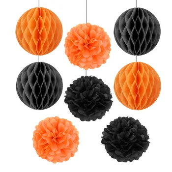 (Negro,Naranja)8pcs Decoración de Halloween Kit Decorativo Bolas de nido de abeja de Papel de seda Pom Pom Flores a los Niños de la Fiesta de Cumpleaños de Suministros