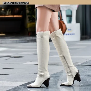 La moda de invierno de los zapatos de las mujeres negro beige metal de la punta del dedo del pie de cuero sobre la rodilla botas altas de mujer sexy pico de tacón botines de mujer