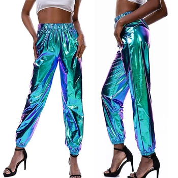 2020 Mujer Brillos Metálicos Carrito Pantalones Casual De Cintura Alta Holográfica Color De Los Pantalones