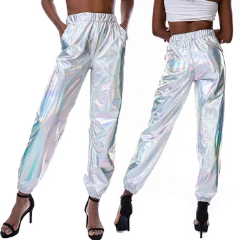 2020 Mujer Brillos Metálicos Carrito Pantalones Casual De Cintura Alta Holográfica Color De Los Pantalones