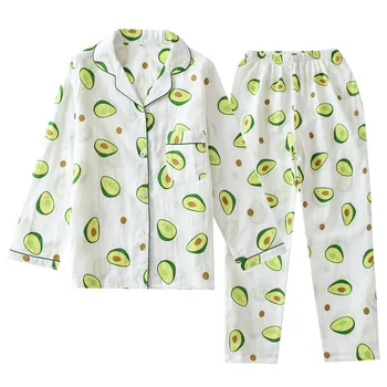 Las mujeres de Aguacate Pijamas para la Primavera y el Verano Pijamas Traje de Tejido de Algodón de Doble Gasa de manga Larga, Pantalones Más el Tamaño de Ropa