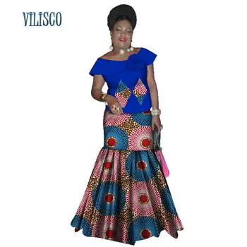 Bazin Riche Africano Volantes Tops de Manga y Falda de Conjuntos para las Mujeres Africanas Tradicionales de Impresión de 2 Piezas de la Falda de Conjuntos de Ropa WY3059