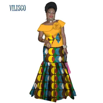 Bazin Riche Africano Volantes Tops de Manga y Falda de Conjuntos para las Mujeres Africanas Tradicionales de Impresión de 2 Piezas de la Falda de Conjuntos de Ropa WY3059
