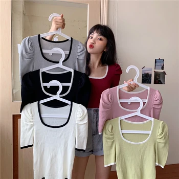 Las mujeres de Manga Corta Abullonada de Camisetas de Señora de la Moda Parcheado Plaza Cuello de punto Elástico Chic Crop Tops camisetas Para Niñas Verano