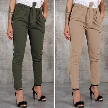 GAOKE Casual Delgado de la Gasa Delgada Pantalones Para las Mujeres Con la Faja de Cintura Alta del Negro, de color Caqui Verde Pantalones Mujer Pantalones