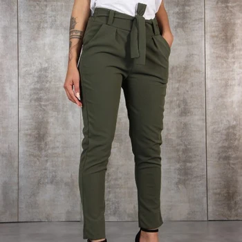 GAOKE Casual Delgado de la Gasa Delgada Pantalones Para las Mujeres Con la Faja de Cintura Alta del Negro, de color Caqui Verde Pantalones Mujer Pantalones
