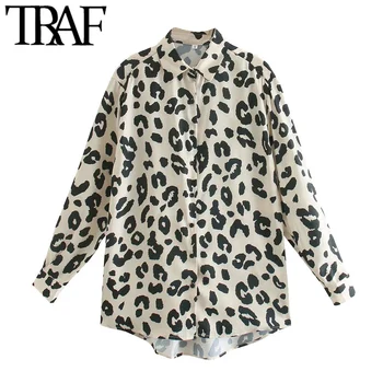 TRAF las Mujeres de la Moda de Impresión de Leopardo Blusas Sueltas Vintage de Manga Larga Botón arriba Femenino Camisetas Blusas Tops Chic