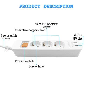 Regleta de Enchufe de la UE Enchufe Doble Interruptor de Ruptura Electrónica de la Casa de Alimentación del Adaptador de Socket 3/4AC 2USB Salida de Carga Rápida, de 1,5 M de Cable