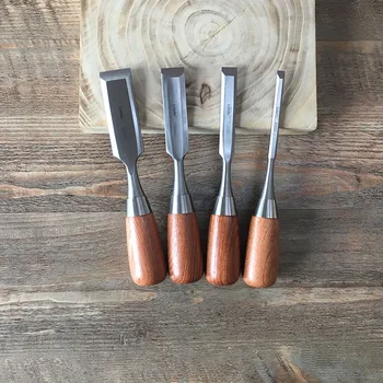 LUBAN 4pcs/set corto de madera cinceles planos cinceles de cromo vanadio de acero de la barra de herramientas de palo de rosa de la manija de la caja de madera