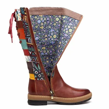 Vintage de la mitad de la pantorrilla Botas Zapatos de las Mujeres de Bohemia Retro de Cuero Genuino Botas Lado Impreso de la Cremallera de la Espalda de Encaje Hasta Botas S21-15