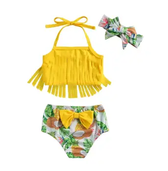Kid Niñas trajes de baño Traje de baño de la Borla Halter Tops Florales Fondos de Arco Diadema de Frutas Tropicales de Impresión Playa la Ropa Set 3pcs