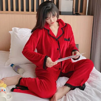 Fdfklak Pijama Feminino Nueva Temporada Otoño-Invierno Pijamas De Las Mujeres De Manga Larga De Terciopelo De Oro A Casa La Ropa De Dulce De Espesor De Las Señoras De La Ropa De Dormir Conjunto