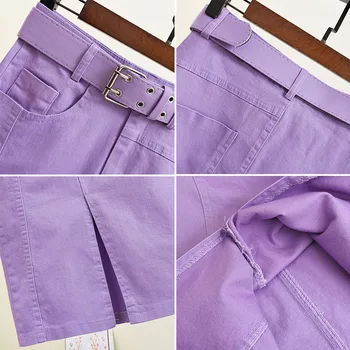 La primavera Verano de las Mujeres de la Moda de las Señoras de color Púrpura Negro de Talle Alto Elástico Lápiz Falda con Cinturón , Womens Jeans Faldas