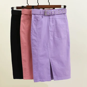 La primavera Verano de las Mujeres de la Moda de las Señoras de color Púrpura Negro de Talle Alto Elástico Lápiz Falda con Cinturón , Womens Jeans Faldas
