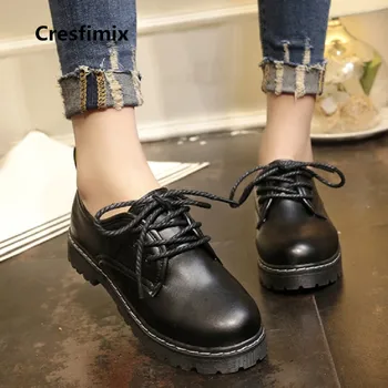 Cresfimix zapatos de mujer de las mujeres de la moda de 2019 negro cuero de la pu de cordón de la plataforma plana zapatos de dama casual y fresco de otoño zapatos c2418